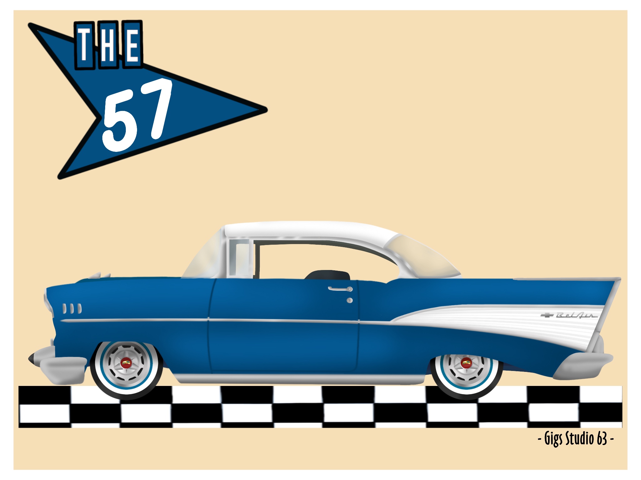 Digital Drawing of a 1957 Chevy, in Larkspur Blue and India Ivory